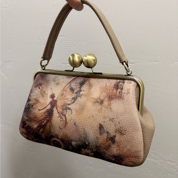Unique Fairy Print Pebble Cowhide Handmade Large Ball Kisslock Handbag/Multi Use - Picture 5 of 16